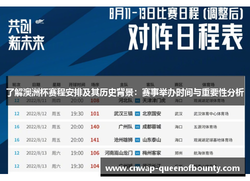 了解澳洲杯赛程安排及其历史背景：赛事举办时间与重要性分析